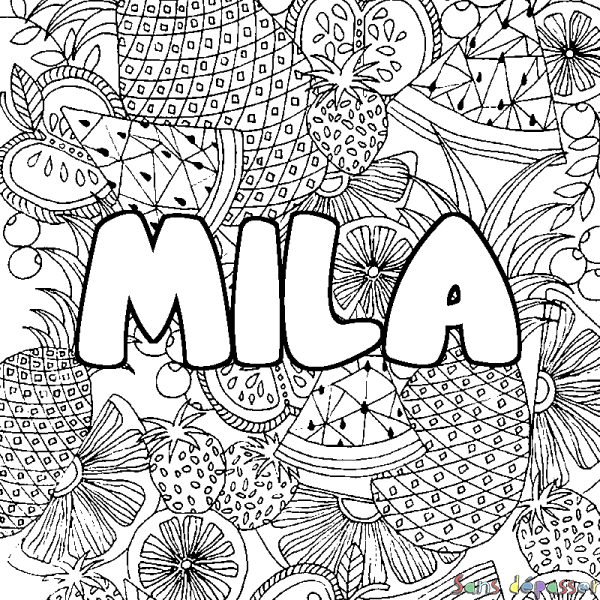 Coloriage pr&eacute;nom MILA - d&eacute;cor Mandala fruits