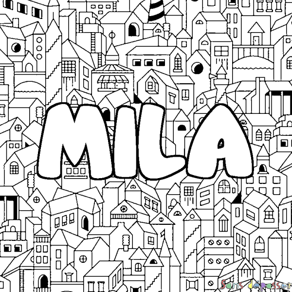 Coloriage pr&eacute;nom MILA - d&eacute;cor Ville