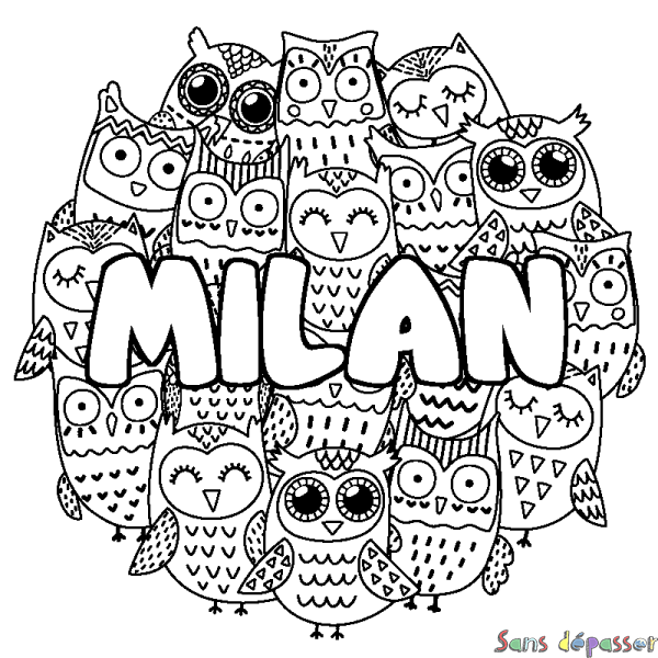 Coloriage pr&eacute;nom MILAN - d&eacute;cor Chouettes