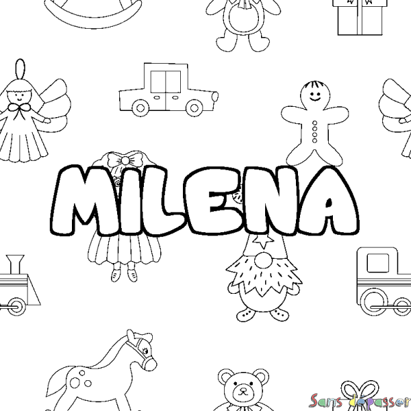Coloriage pr&eacute;nom MILENA - d&eacute;cor Jouets