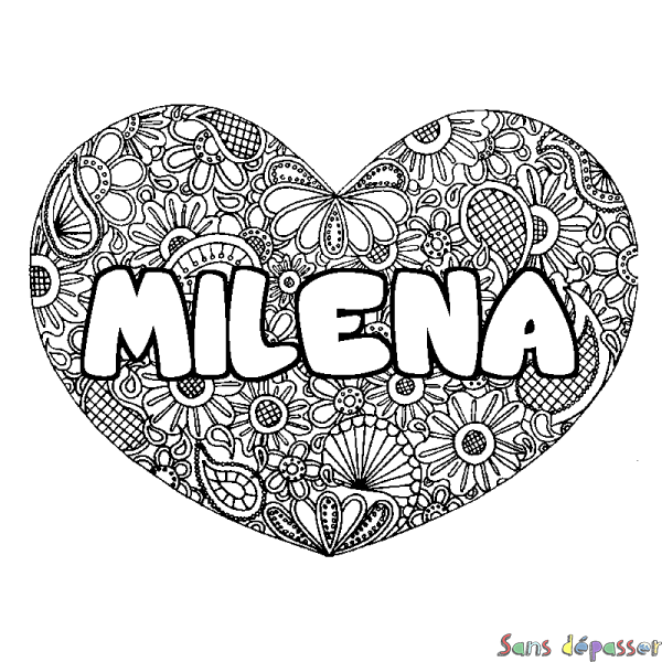 Coloriage pr&eacute;nom MILENA - d&eacute;cor Mandala coeur