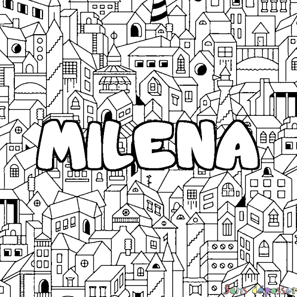 Coloriage pr&eacute;nom MILENA - d&eacute;cor Ville