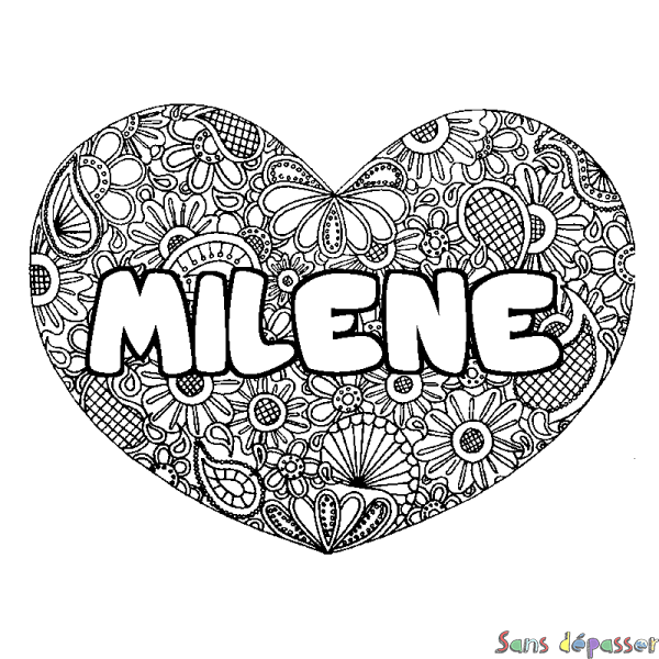 Coloriage pr&eacute;nom MILENE - d&eacute;cor Mandala coeur