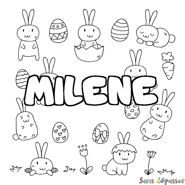 Coloriage pr&eacute;nom MILENE - d&eacute;cor Paques