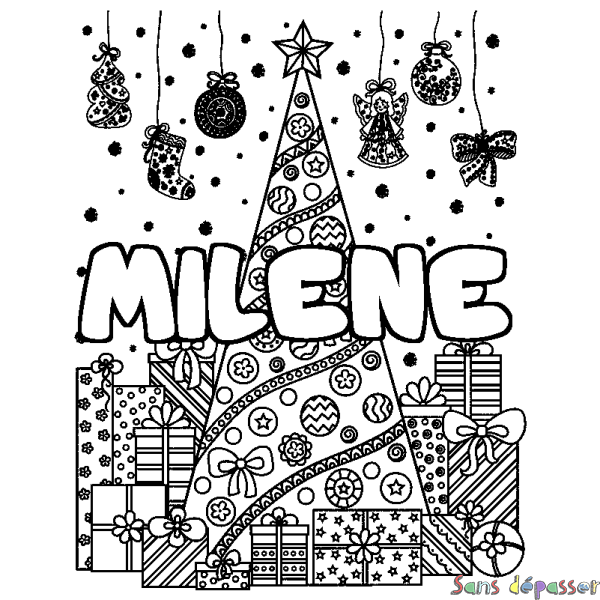Coloriage pr&eacute;nom MILENE - d&eacute;cor Sapin et Cadeaux