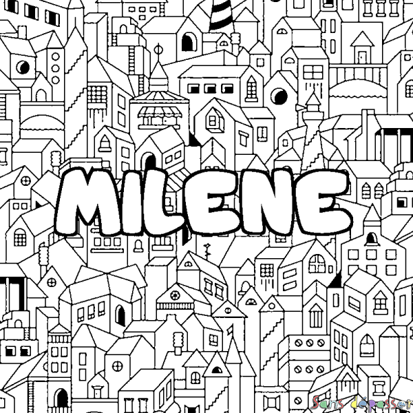 Coloriage pr&eacute;nom MILENE - d&eacute;cor Ville
