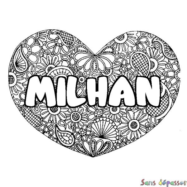 Coloriage pr&eacute;nom MILHAN - d&eacute;cor Mandala coeur