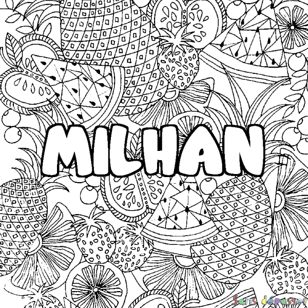 Coloriage prénom MILHAN - d&eacute;cor Mandala fruits
