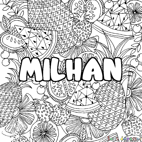 Coloriage pr&eacute;nom MILHAN - d&eacute;cor Mandala fruits