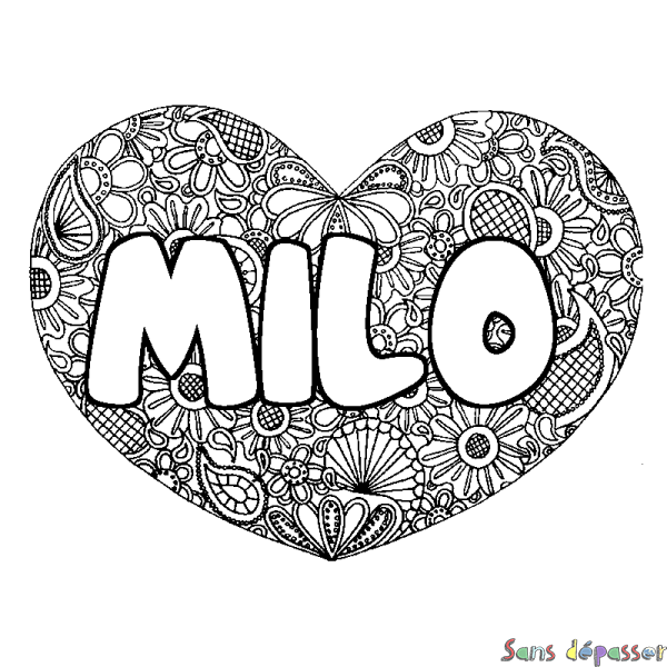 Coloriage pr&eacute;nom MILO - d&eacute;cor Mandala coeur