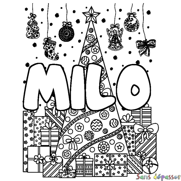 Coloriage prénom MILO - d&eacute;cor Sapin et Cadeaux