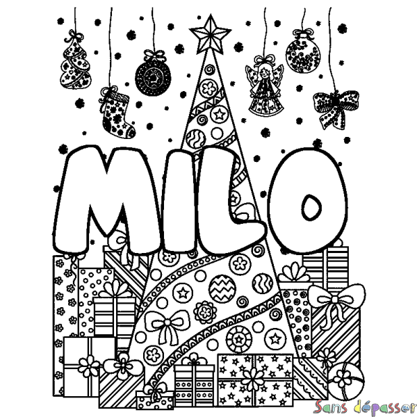 Coloriage pr&eacute;nom MILO - d&eacute;cor Sapin et Cadeaux