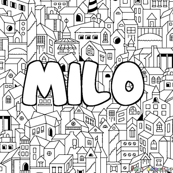 Coloriage pr&eacute;nom MILO - d&eacute;cor Ville