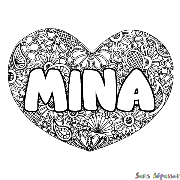 Coloriage pr&eacute;nom MINA - d&eacute;cor Mandala coeur