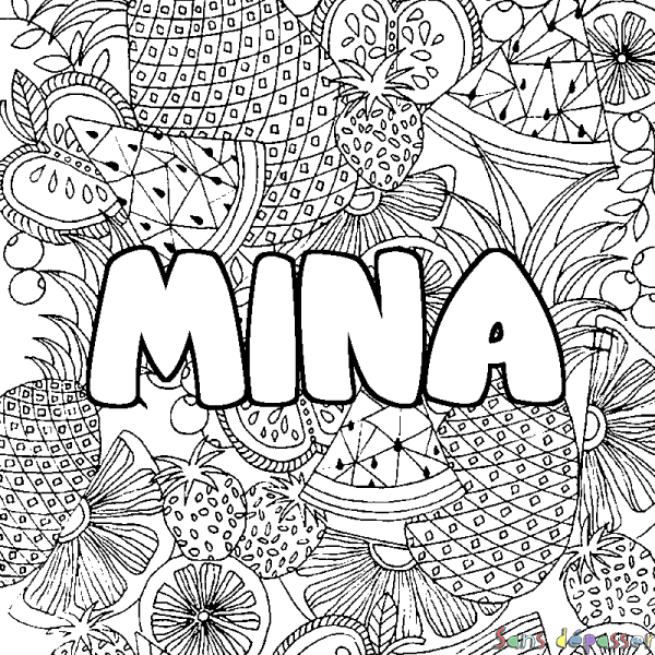Coloriage pr&eacute;nom MINA - d&eacute;cor Mandala fruits