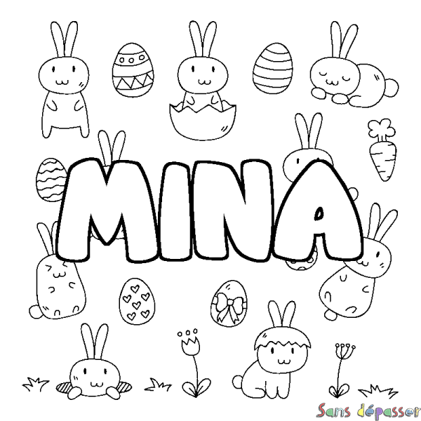 Coloriage pr&eacute;nom MINA - d&eacute;cor Paques