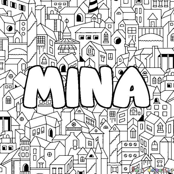 Coloriage pr&eacute;nom MINA - d&eacute;cor Ville