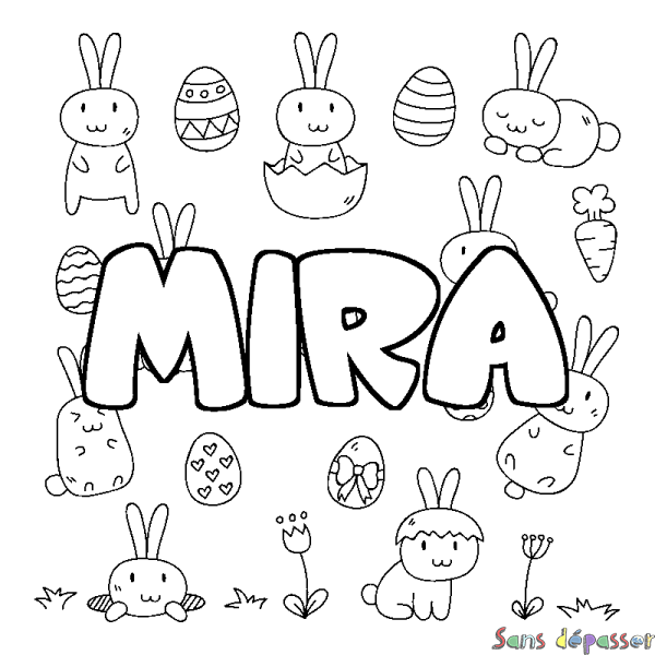 Coloriage pr&eacute;nom MIRA - d&eacute;cor Paques