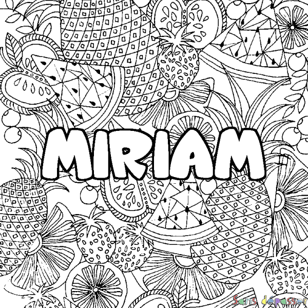 Coloriage pr&eacute;nom MIRIAM - d&eacute;cor Mandala fruits