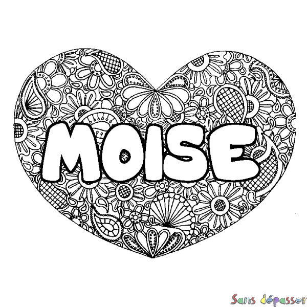 Coloriage pr&eacute;nom MOISE - d&eacute;cor Mandala coeur