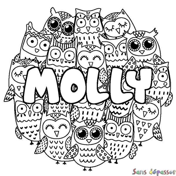 Coloriage pr&eacute;nom MOLLY - d&eacute;cor Chouettes