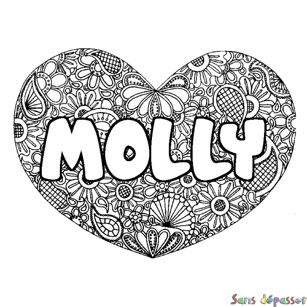 Coloriage pr&eacute;nom MOLLY - d&eacute;cor Mandala coeur