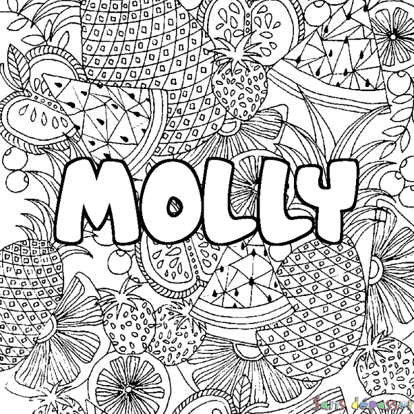 Coloriage pr&eacute;nom MOLLY - d&eacute;cor Mandala fruits