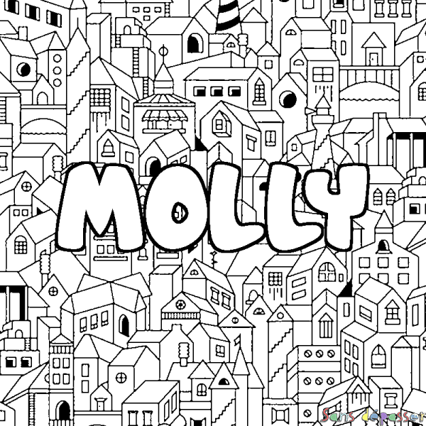 Coloriage pr&eacute;nom MOLLY - d&eacute;cor Ville