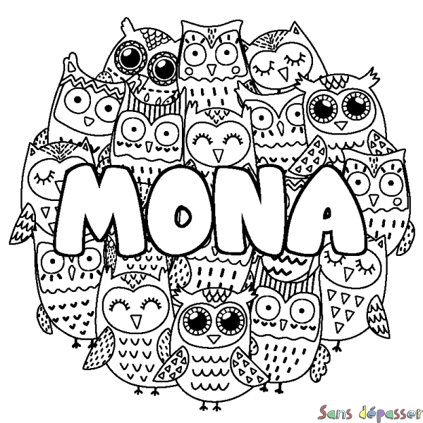 Coloriage pr&eacute;nom MONA - d&eacute;cor Chouettes