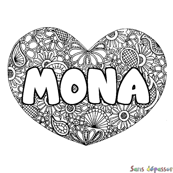 Coloriage pr&eacute;nom MONA - d&eacute;cor Mandala coeur