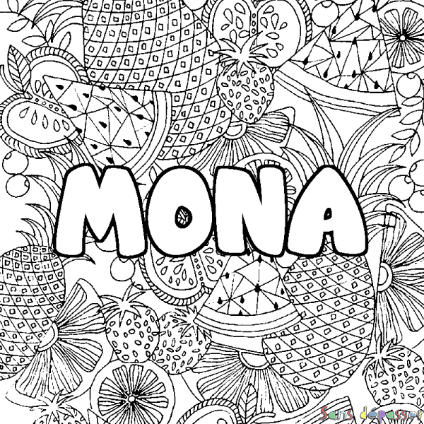 Coloriage pr&eacute;nom MONA - d&eacute;cor Mandala fruits