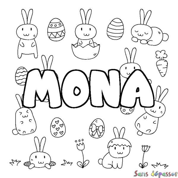 Coloriage pr&eacute;nom MONA - d&eacute;cor Paques