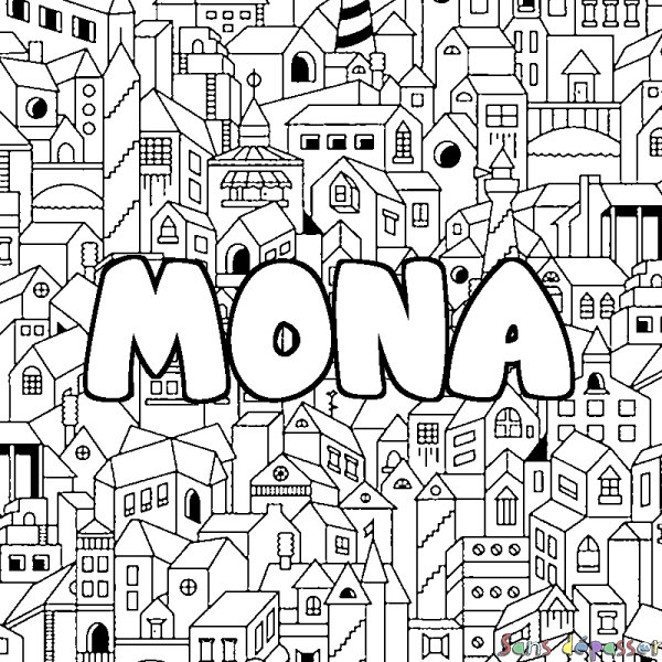 Coloriage pr&eacute;nom MONA - d&eacute;cor Ville
