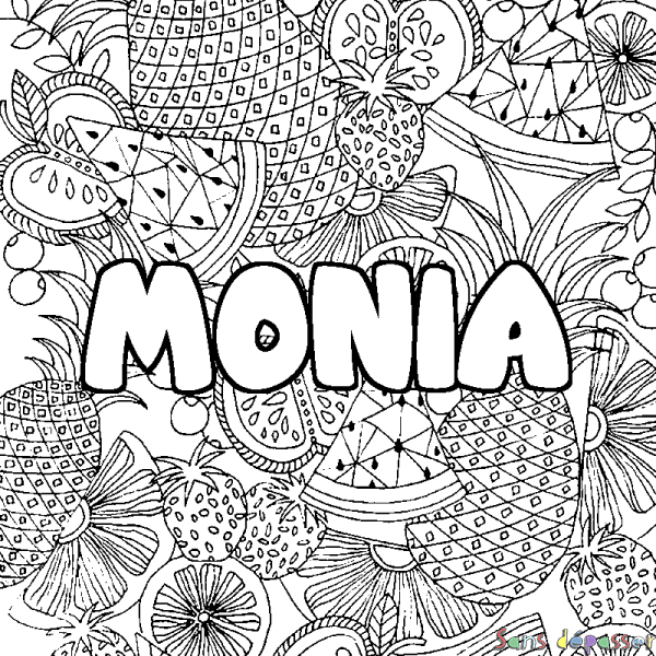 Coloriage pr&eacute;nom MONIA - d&eacute;cor Mandala fruits