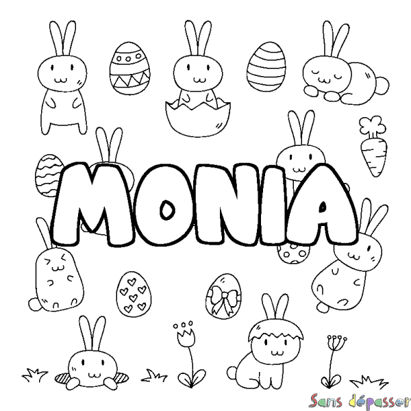 Coloriage pr&eacute;nom MONIA - d&eacute;cor Paques