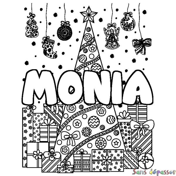 Coloriage pr&eacute;nom MONIA - d&eacute;cor Sapin et Cadeaux