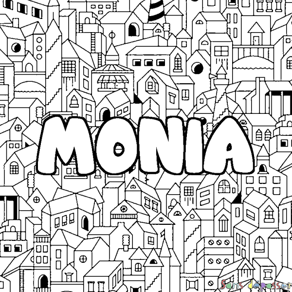 Coloriage pr&eacute;nom MONIA - d&eacute;cor Ville