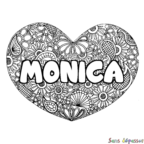 Coloriage pr&eacute;nom MONICA - d&eacute;cor Mandala coeur