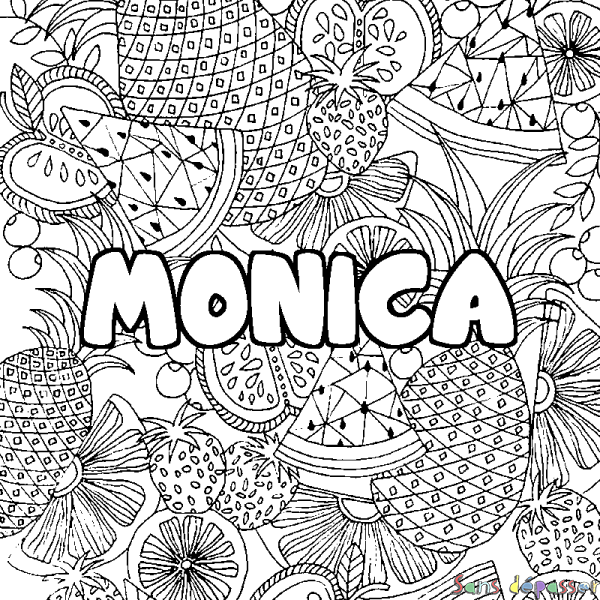 Coloriage pr&eacute;nom MONICA - d&eacute;cor Mandala fruits