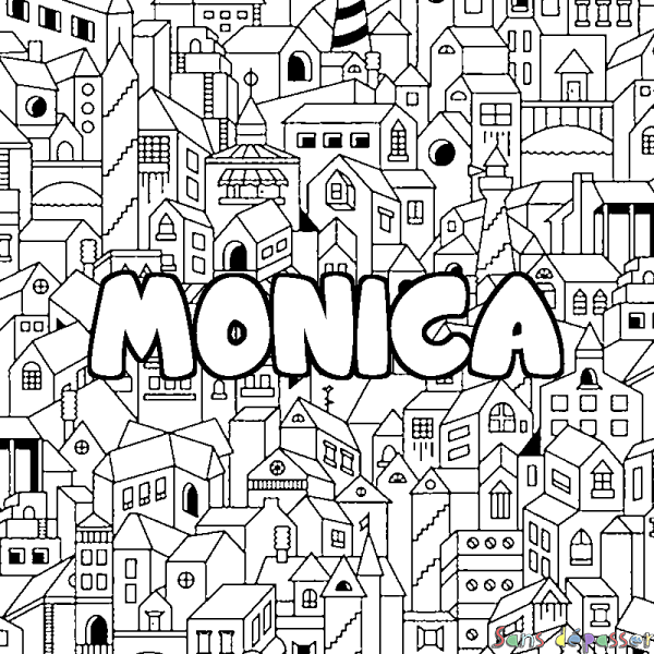 Coloriage pr&eacute;nom MONICA - d&eacute;cor Ville