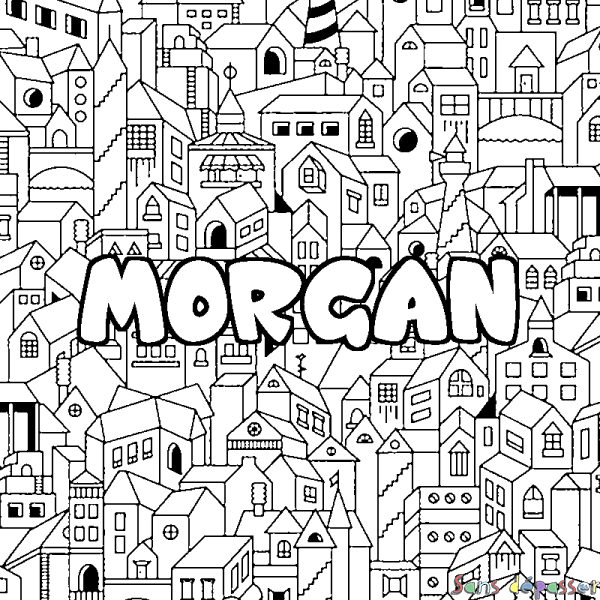 Coloriage pr&eacute;nom MORGAN - d&eacute;cor Ville
