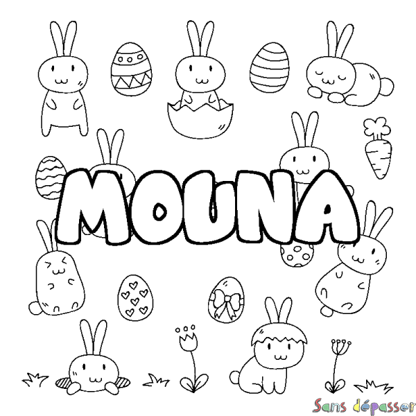 Coloriage pr&eacute;nom MOUNA - d&eacute;cor Paques