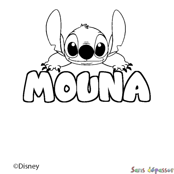 Coloriage pr&eacute;nom MOUNA - d&eacute;cor Stitch