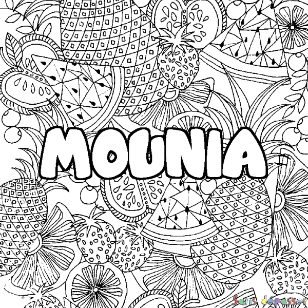Coloriage pr&eacute;nom MOUNIA - d&eacute;cor Mandala fruits