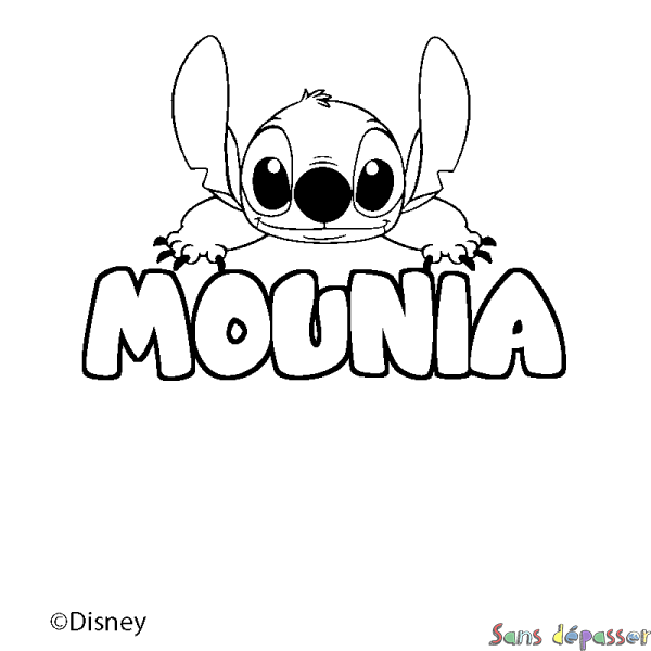 Coloriage pr&eacute;nom MOUNIA - d&eacute;cor Stitch