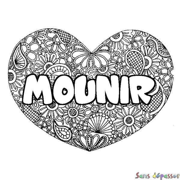 Coloriage pr&eacute;nom MOUNIR - d&eacute;cor Mandala coeur