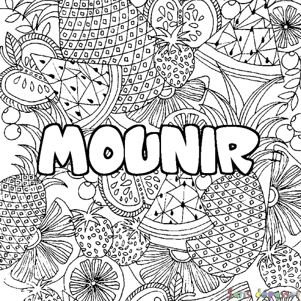 Coloriage pr&eacute;nom MOUNIR - d&eacute;cor Mandala fruits