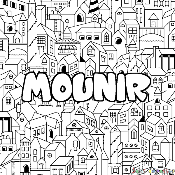 Coloriage pr&eacute;nom MOUNIR - d&eacute;cor Ville
