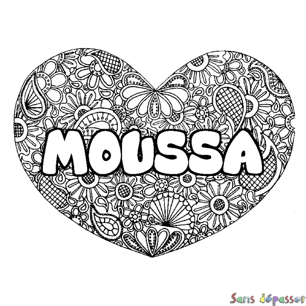 Coloriage prénom MOUSSA - d&eacute;cor Mandala coeur