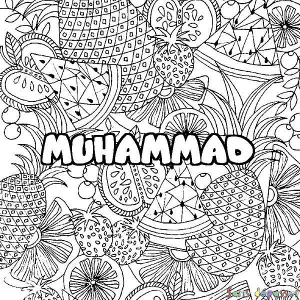 Coloriage pr&eacute;nom MUHAMMAD - d&eacute;cor Mandala fruits